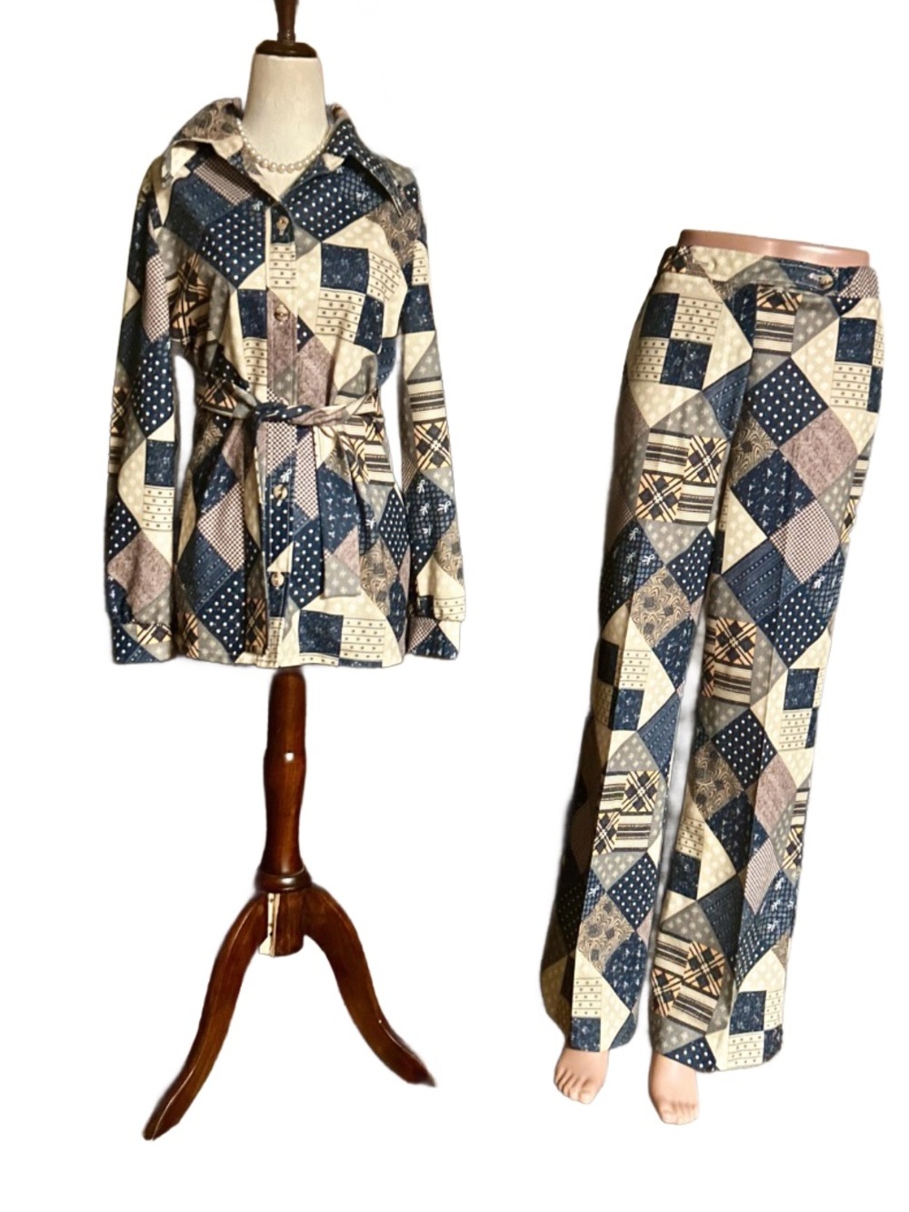 Henri ~ Size 11 ~ Vintage ~ Blue/Beige/Gold ~ Patchwork ~ 2 Piece (Jacket/Pants)